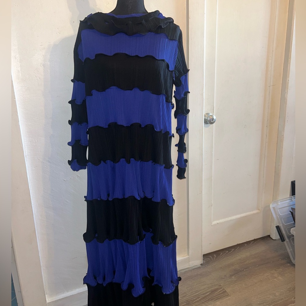 Issey Miyake Black & Blue Pleated Ruffle-Trim Maxi Dress